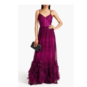 NWT Marchesa Notte Flocked Polka Dot Ruffled Hem Tulle Gown Size 8, Fuchsia